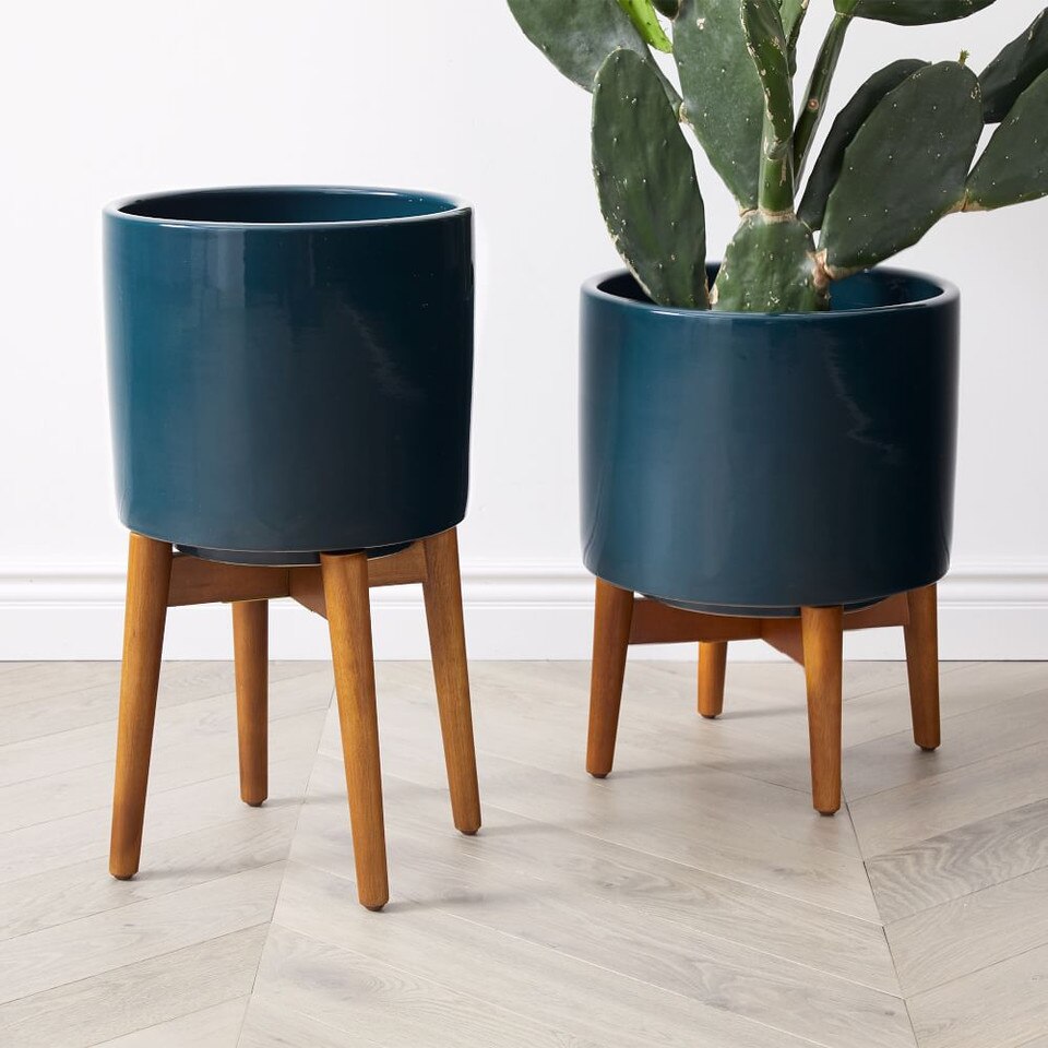 MidCentury Turned Wood Planters Dark Teal West Elm United Kingdom